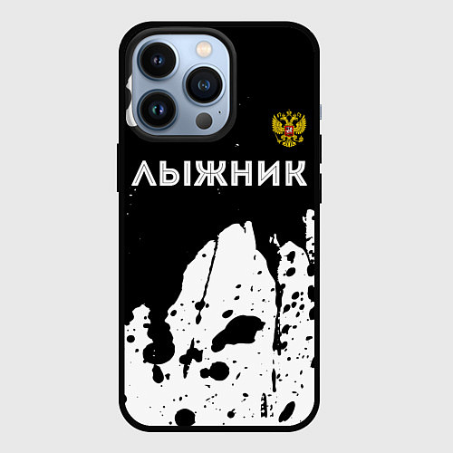 Чехол iPhone 13 Pro Лыжник из России и герб РФ: символ сверху / 3D-Черный – фото 1