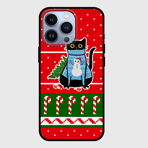 Чехол iPhone 13 Pro Котик в синем свитере с ёлочкой / 3D-Черный – фото 1