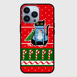 Чехол для iPhone 13 Pro Котик в синем свитере с ёлочкой, цвет: 3D-черный