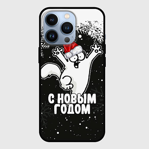 Чехол iPhone 13 Pro С Новым годом - кот Саймона и снежинки / 3D-Черный – фото 1