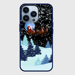 Чехол для iPhone 13 Pro Санта на оленях в ночном небе, цвет: 3D-тёмно-синий