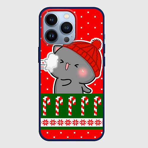 Чехол iPhone 13 Pro Серый котик - играет в снежки / 3D-Тёмно-синий – фото 1