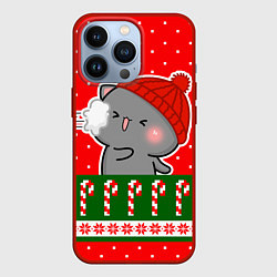 Чехол для iPhone 13 Pro Серый котик - играет в снежки, цвет: 3D-красный