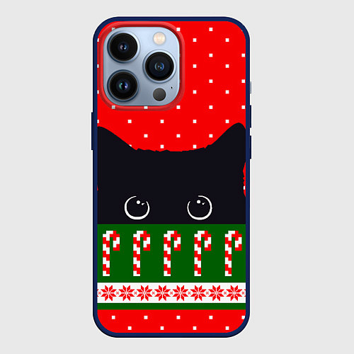 Чехол iPhone 13 Pro Котик: новогодний свитер / 3D-Тёмно-синий – фото 1