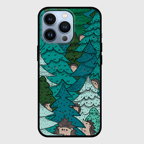 Чехол iPhone 13 Pro Ежи в еловом лесу / 3D-Черный – фото 1