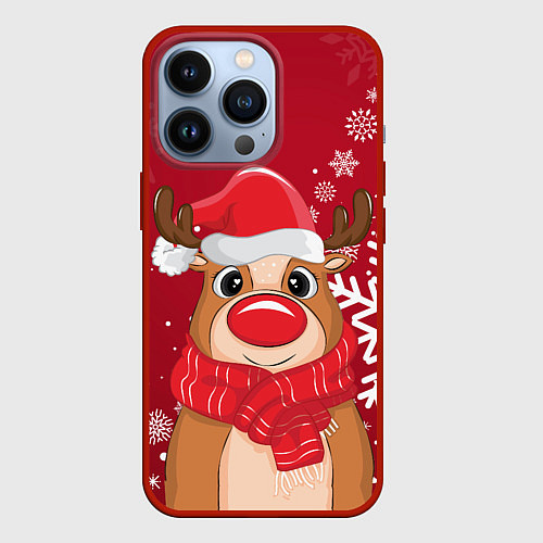 Чехол iPhone 13 Pro Новогодний олень и снежинки / 3D-Красный – фото 1