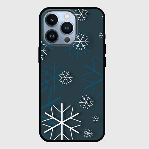 Чехол iPhone 13 Pro Белые снежинки на синем фоне / 3D-Черный – фото 1