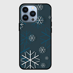 Чехол iPhone 13 Pro Белые снежинки на синем фоне