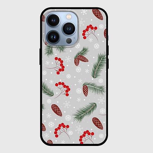 Чехол iPhone 13 Pro Зимние ягоды и шишки / 3D-Черный – фото 1