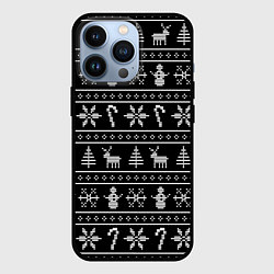 Чехол для iPhone 13 Pro Узор с ёлками снежинками и оленями, цвет: 3D-черный