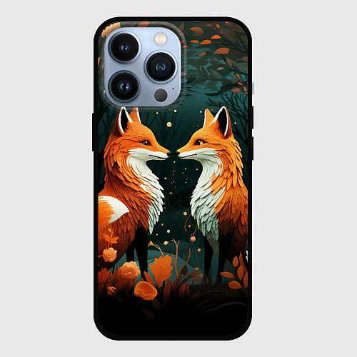 Чехол iPhone 13 Pro Две лисоньки в стиле Folk Art / 3D-Черный – фото 1