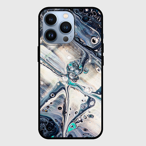 Чехол iPhone 13 Pro Абстрактное жидкое белое и синее стекло / 3D-Черный – фото 1
