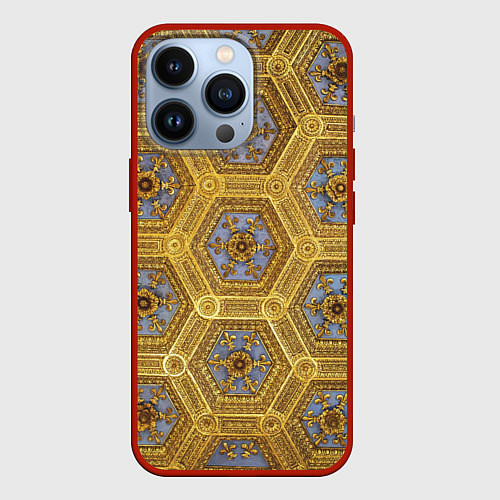 Чехол iPhone 13 Pro Золотистый паттерн с цветами и серыми ромбами / 3D-Красный – фото 1