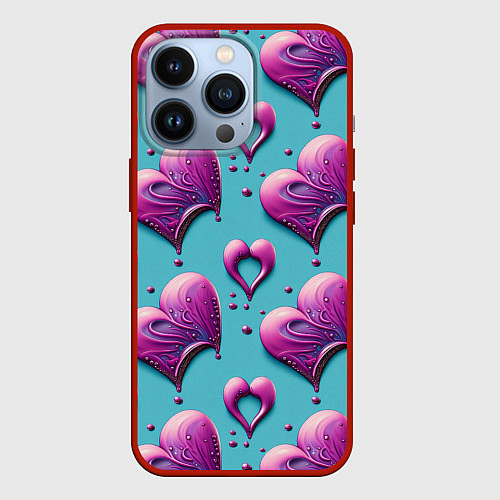 Чехол iPhone 13 Pro Паттерн сердца и капли / 3D-Красный – фото 1