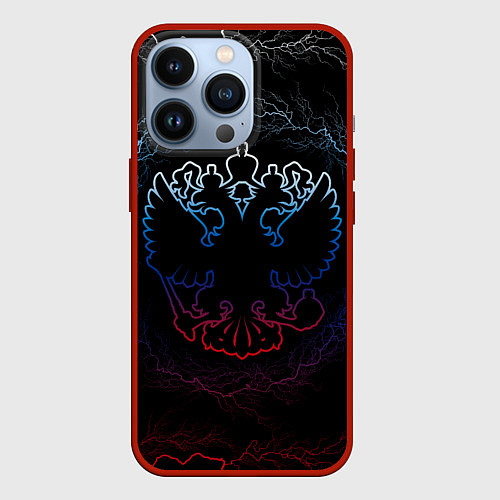 Чехол iPhone 13 Pro Герб России - молнии / 3D-Красный – фото 1