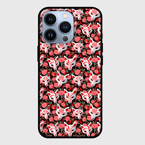 Чехол iPhone 13 Pro Маски лисиц кицунэ и камелия на черном / 3D-Черный – фото 1