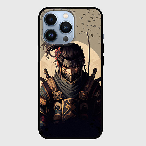 Чехол iPhone 13 Pro Самурай на фоне птиц / 3D-Черный – фото 1