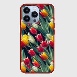 Чехол для iPhone 13 Pro Много тюльпанов, цвет: 3D-красный