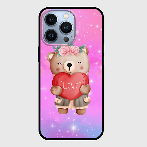 Чехол iPhone 13 Pro Милый мишка с сердечком / 3D-Черный – фото 1