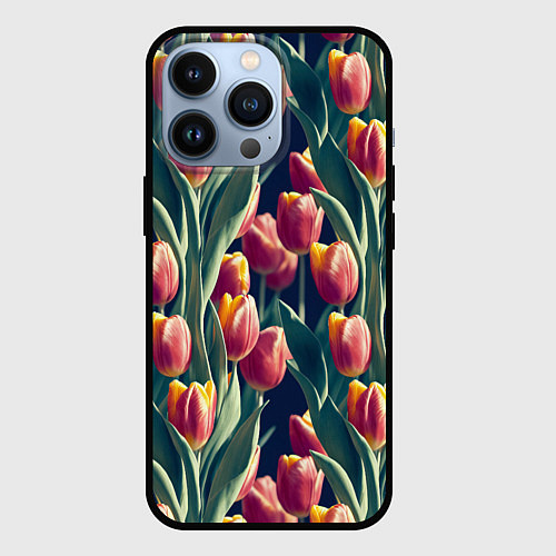 Чехол iPhone 13 Pro Много тюльпанов / 3D-Черный – фото 1