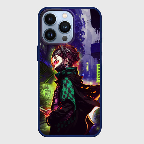Чехол iPhone 13 Pro Клинок, рассекающий демонов - Киберпанк / 3D-Тёмно-синий – фото 1