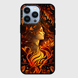Чехол iPhone 13 Pro Девушка в стиле ар-нуво с огнем и осенними листьям