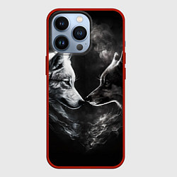 Чехол для iPhone 13 Pro Пара волков - белый и черный, цвет: 3D-красный