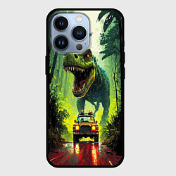 Чехол для iPhone 13 Pro Динозавр в погоне за машиной в джунглях, цвет: 3D-черный