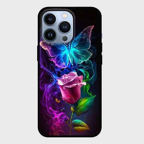 Чехол iPhone 13 Pro Неоновая бабочка с цветком / 3D-Черный – фото 1