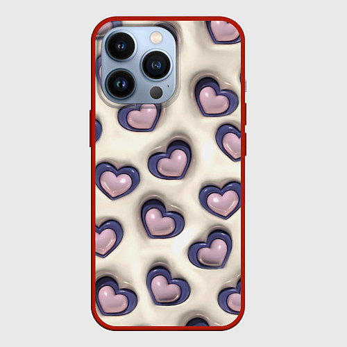 Чехол iPhone 13 Pro Сердечки объемные вдавленные - паттерн / 3D-Красный – фото 1