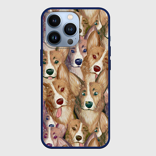 Чехол iPhone 13 Pro Паттерн с корги / 3D-Тёмно-синий – фото 1