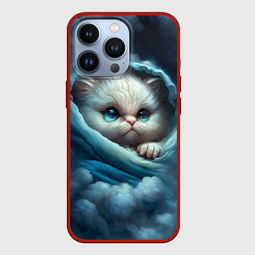 Чехол iPhone 13 Pro Котик в одеяльце в облаках / 3D-Красный – фото 1