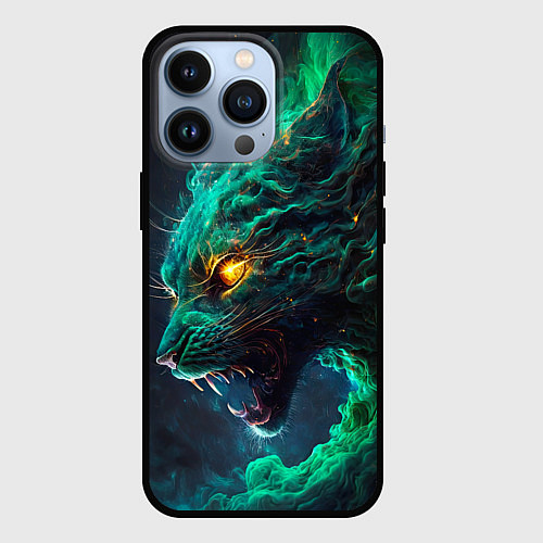 Чехол iPhone 13 Pro Звездный зеленый кот / 3D-Черный – фото 1