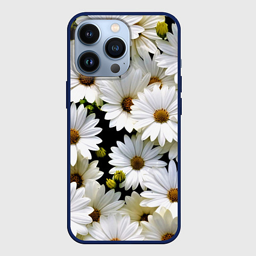 Чехол iPhone 13 Pro Белые цветы ромашки - летний паттерн / 3D-Тёмно-синий – фото 1