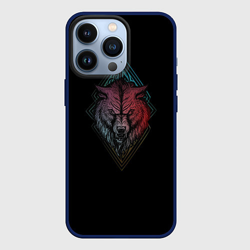 Чехол iPhone 13 Pro Неоновый разноцветный волк / 3D-Тёмно-синий – фото 1