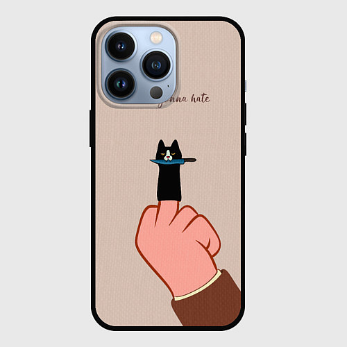 Чехол iPhone 13 Pro Котик с ножиком и средний палец - текстура холста / 3D-Черный – фото 1