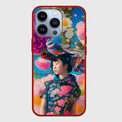 Чехол iPhone 13 Pro Девочка с птицами среди цветов - мскусство