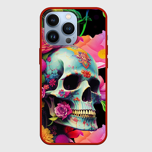 Чехол iPhone 13 Pro Skull on a background of flowers - irezumi / 3D-Красный – фото 1