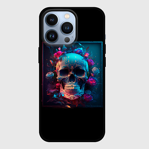 Чехол iPhone 13 Pro Неоновый мексиканский череп / 3D-Черный – фото 1