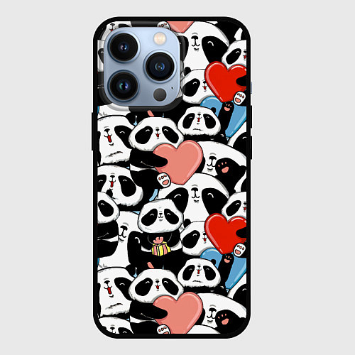 Чехол iPhone 13 Pro Панды с сердечками / 3D-Черный – фото 1