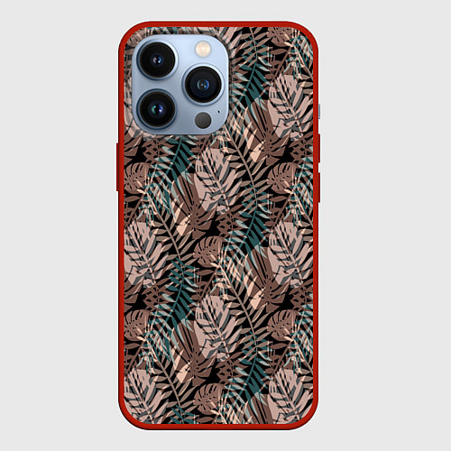 Чехол iPhone 13 Pro Тропический коричнево серый узор / 3D-Красный – фото 1
