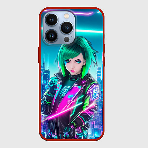 Чехол iPhone 13 Pro Девушка с зелеными волосами киберпанк / 3D-Красный – фото 1