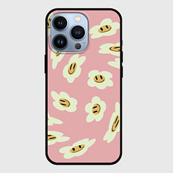 Чехол iPhone 13 Pro Искаженные смайлы-цветы на розовом паттер