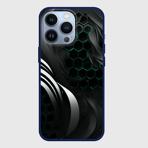 Чехол iPhone 13 Pro Объемные бирюзовые плиты и черные линии / 3D-Тёмно-синий – фото 1
