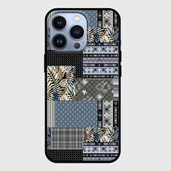 Чехол для iPhone 13 Pro Серо-оливковый паттерн в народном русском стиле, цвет: 3D-черный