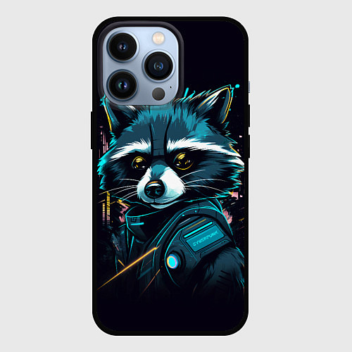 Чехол iPhone 13 Pro Енот - cyberpunk style / 3D-Черный – фото 1