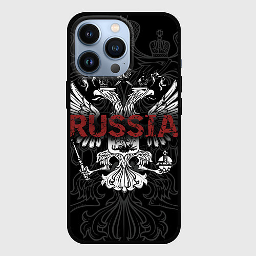 Чехол iPhone 13 Pro Герб России с надписью Russia / 3D-Черный – фото 1