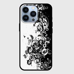 Чехол iPhone 13 Pro Черно-белая птица среди узорчатых цветов