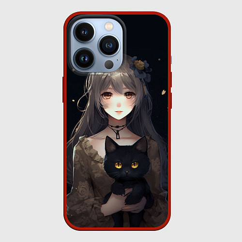 Чехол iPhone 13 Pro Аниме девушка с черной кошкой / 3D-Красный – фото 1