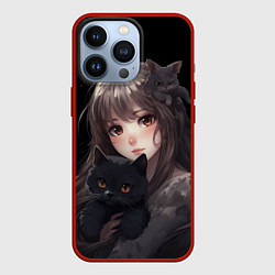 Чехол для iPhone 13 Pro Девушка с черной кошкой, цвет: 3D-красный